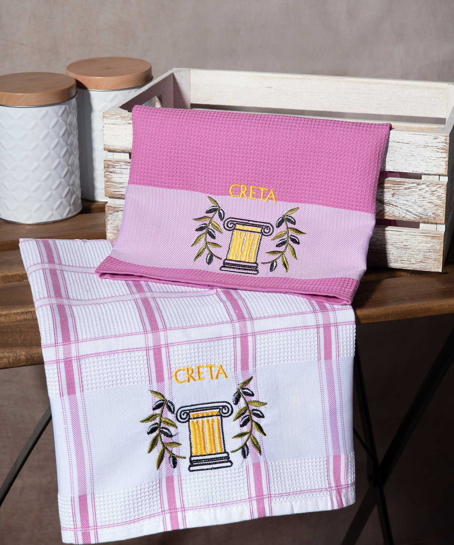 creta-roz-kionas Σετ 2 τεμαχίων ποτηρόπανα (50cm x 70cm) ρόζ κίονας CRETA SilkFashion - Image 1