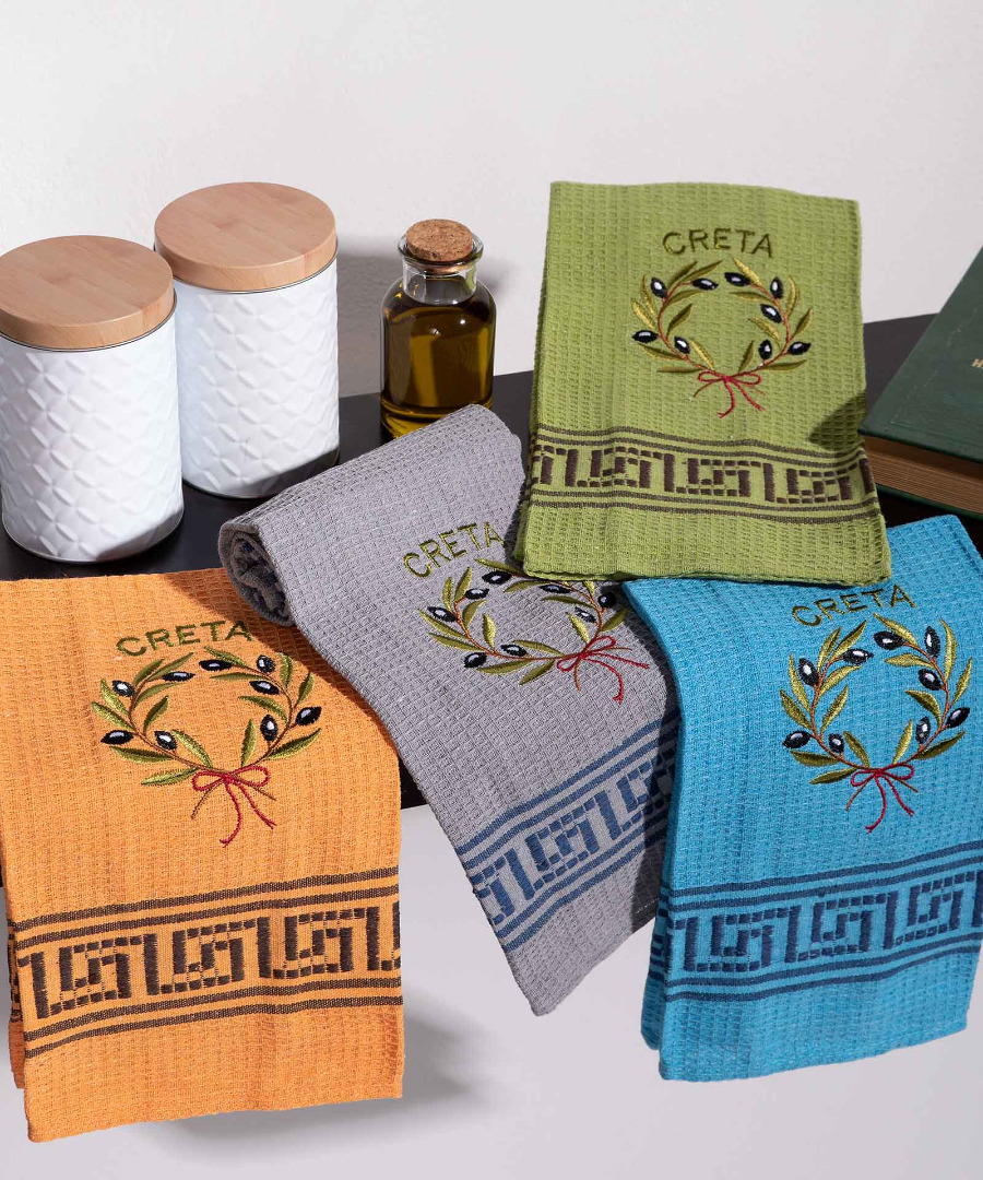 creta-stefani Σετ 12 τεμαχίων ποτηρόπανα (45cm x 65cm) στεφάνι ελιάς χρωματιστό CRETA SilkFashion - Image 1