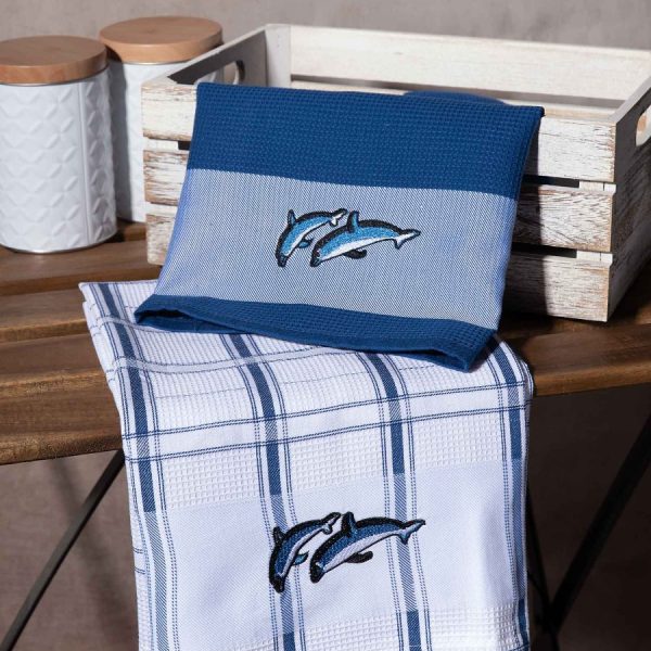 Σετ 2 τεμαχίων ποτηρόπανα (50cm x 70cm) δελφίνια μπλέ SilkFashion