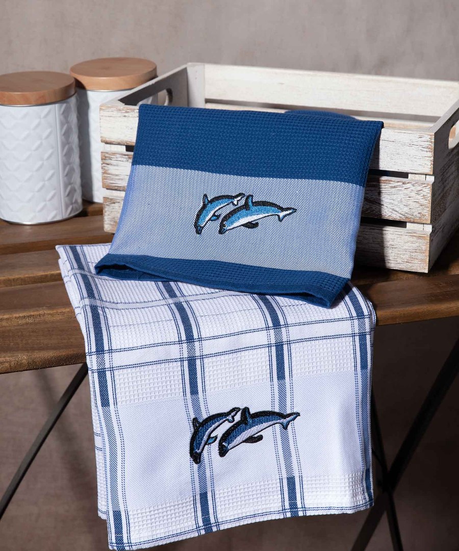 delfinia-mple Σετ 2 τεμαχίων ποτηρόπανα (50cm x 70cm) δελφίνια μπλέ SilkFashion - Image 1