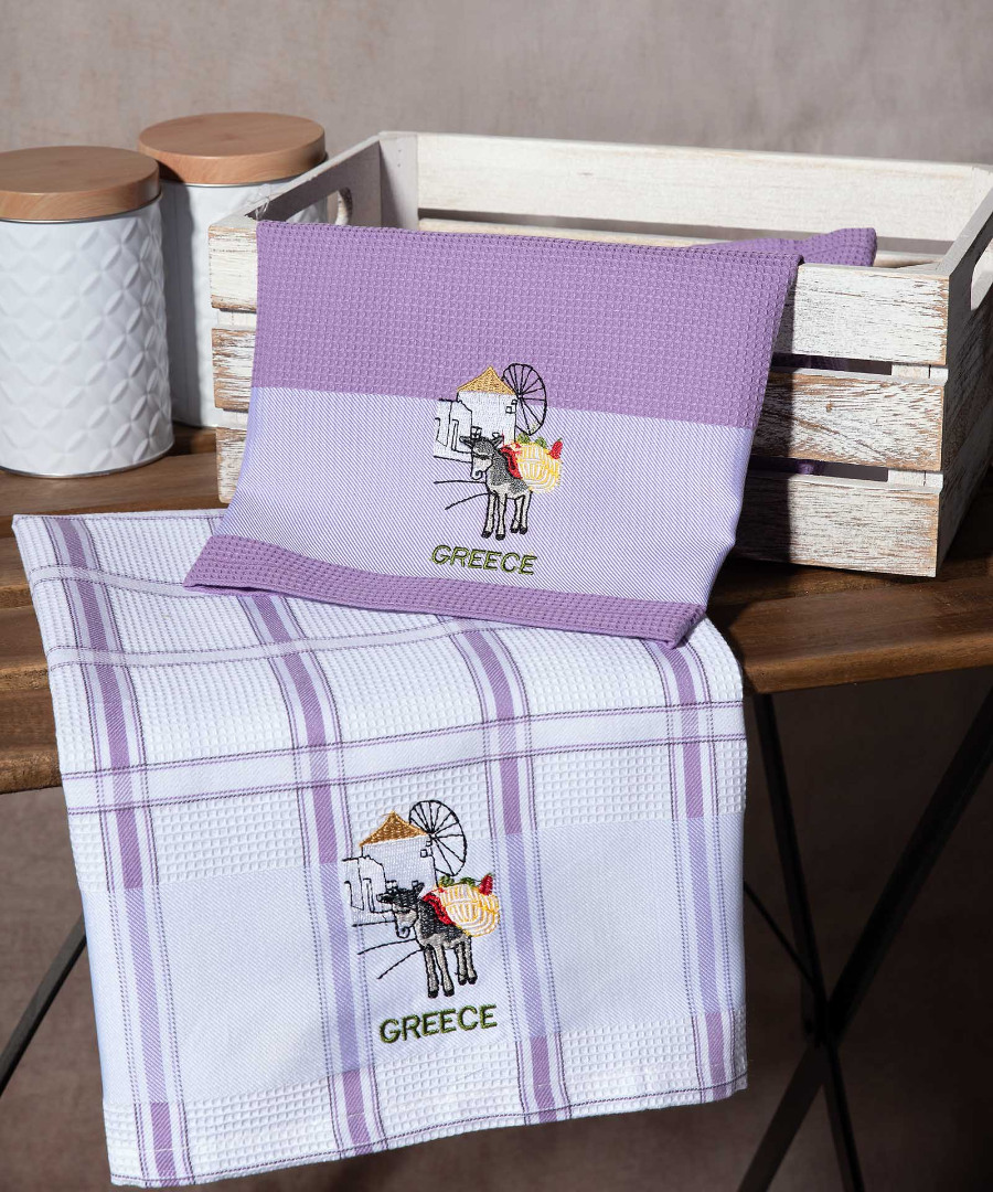 greece-anemomylos-lila Σετ 2 τεμαχίων ποτηρόπανα (50cm x 70cm) ανεμόμυλος λιλά GREECE SilkFashion - Image 1