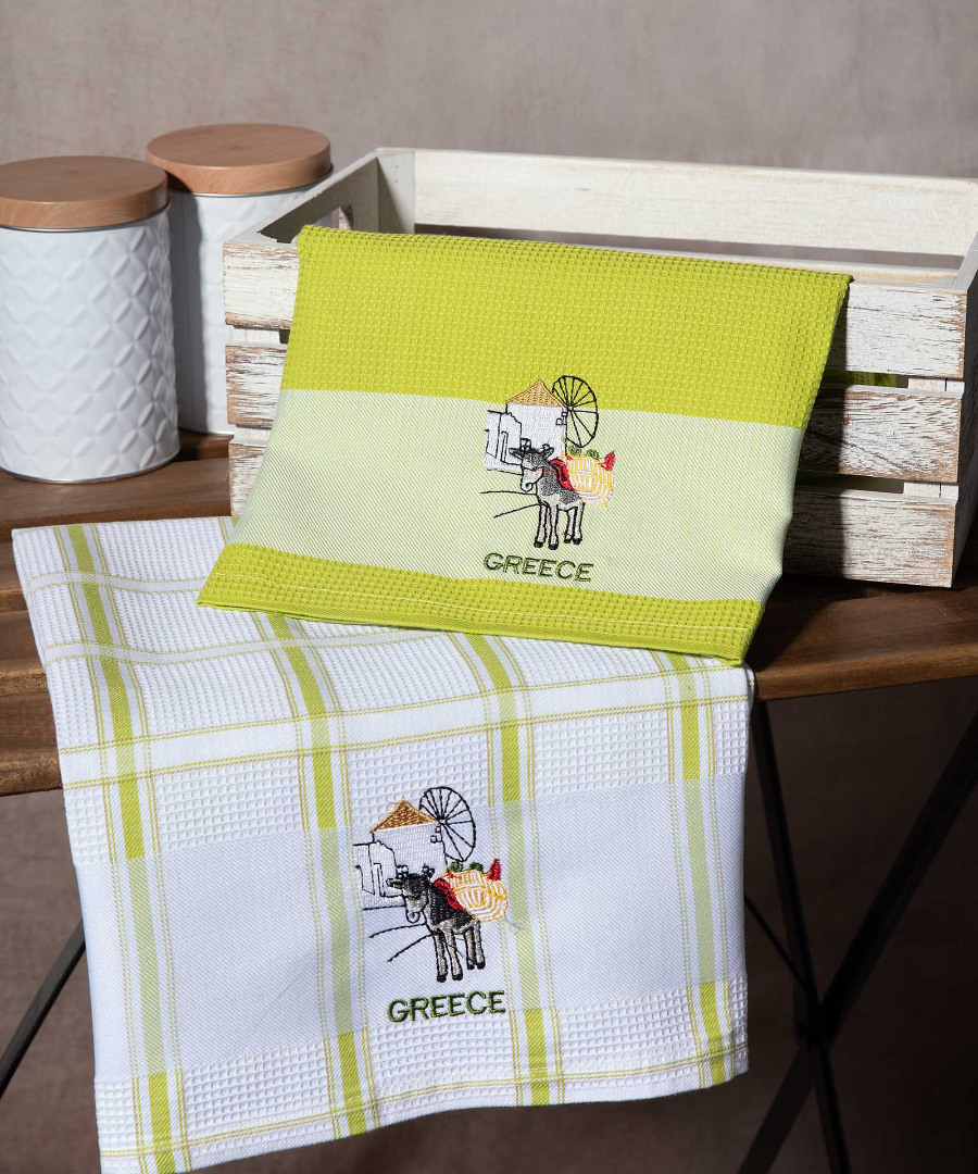 greece-anemomylos-prasino Σετ 2 τεμαχίων ποτηρόπανα (50cm x 70cm) ανεμόμυλος πράσινο GREECE SilkFashion - Image 1
