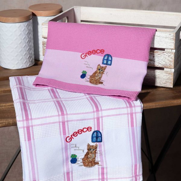 Σετ 2 τεμαχίων ποτηρόπανα (50cm x 70cm) ρόζ γάτα GREECE SilkFashion