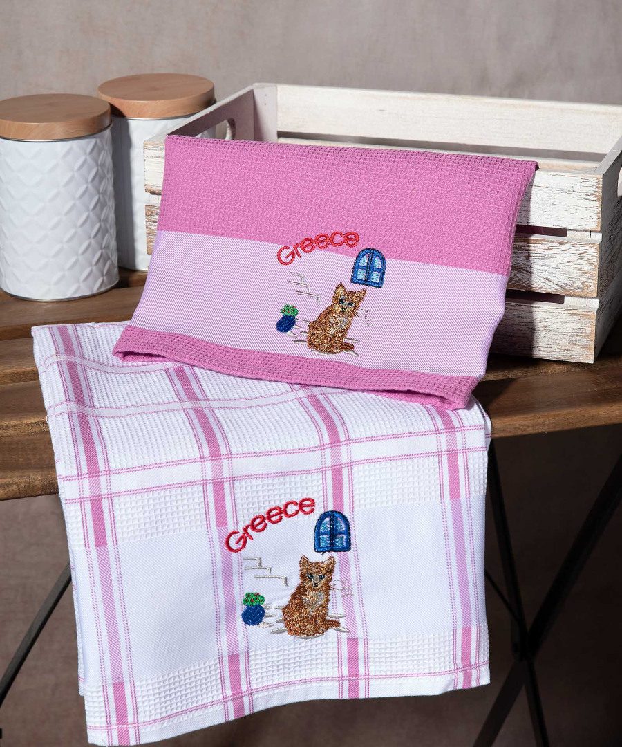 greece-cat-roz Σετ 2 τεμαχίων ποτηρόπανα (50cm x 70cm) ρόζ γάτα GREECE SilkFashion - Image 1