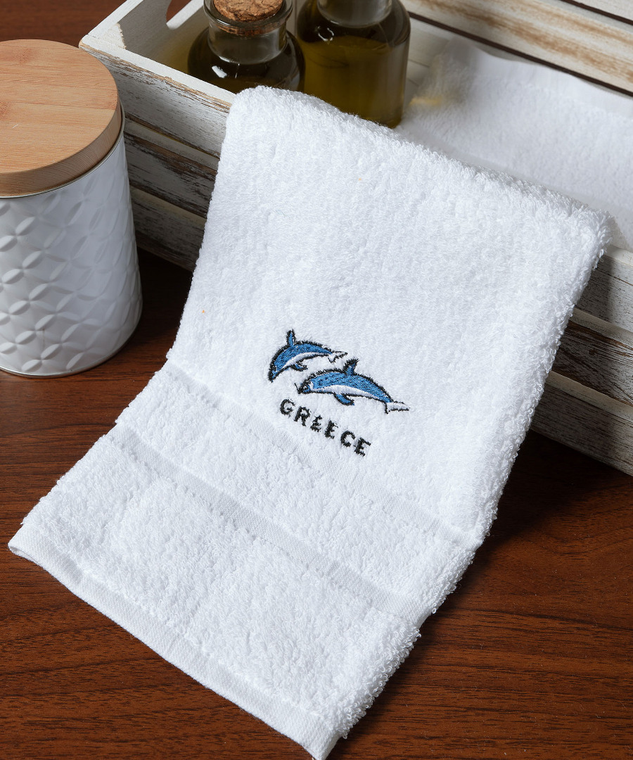 greece-delfinia-white Δωδεκάδα πετσέτες χεριών (30cm x 50cm) λευκό με δελφίνια GREECE SilkFashion - Image 1