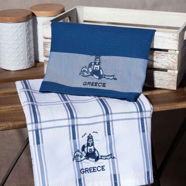Σετ 2 τεμαχίων ποτηρόπανα (50cm x 70cm) μπλέ φάρος GREECE SilkFashion