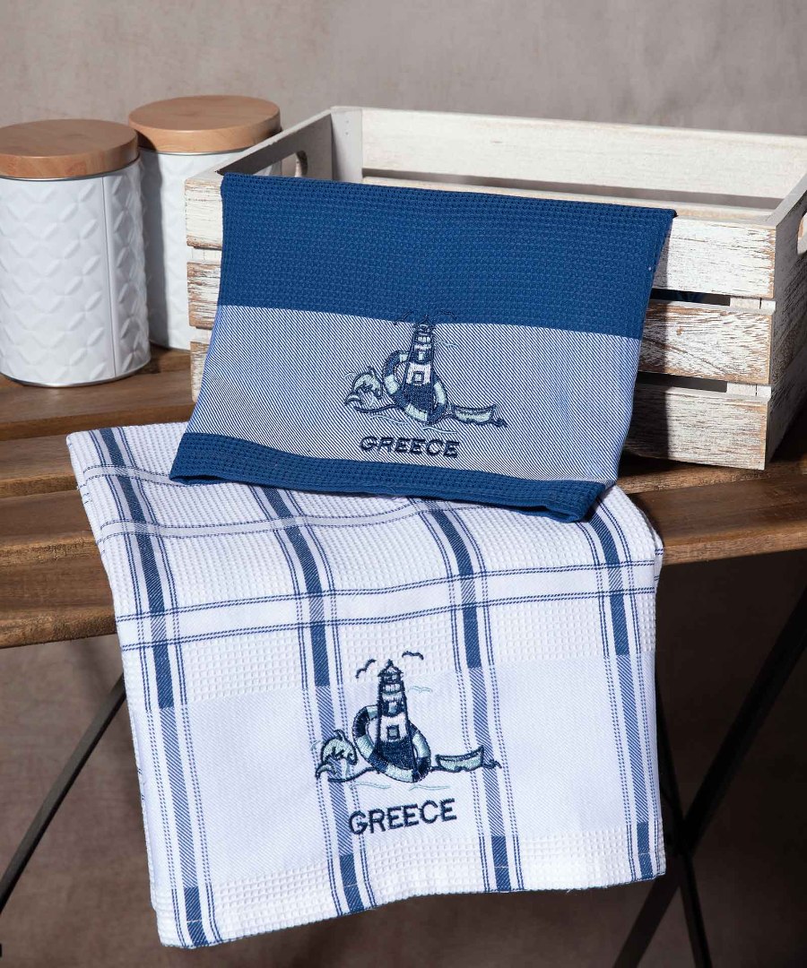 greece-faros-mple Σετ 2 τεμαχίων ποτηρόπανα (50cm x 70cm) μπλέ φάρος GREECE SilkFashion - Image 1
