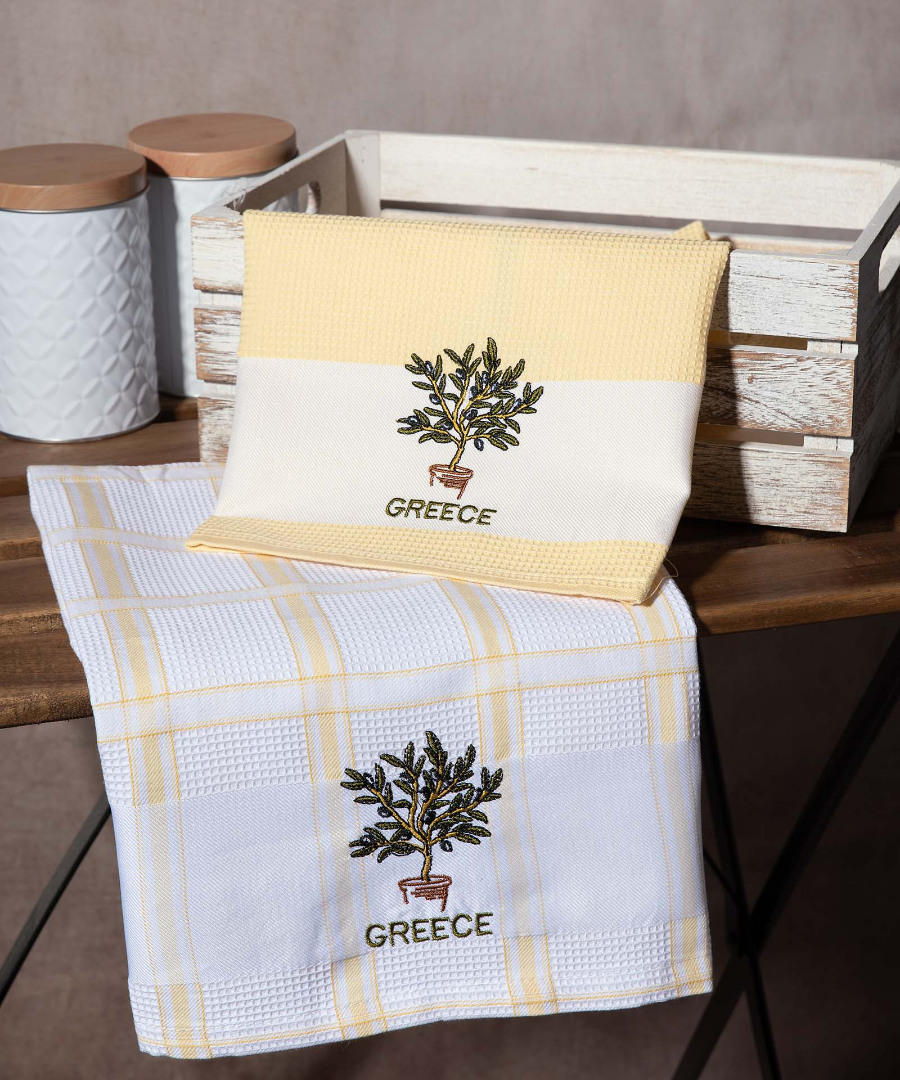 greece-glastra-kitrino Σετ 2 τεμαχίων ποτηρόπανα (50cm x 70cm) γλάστρα κίτρινο GREECE SilkFashion - Image 1