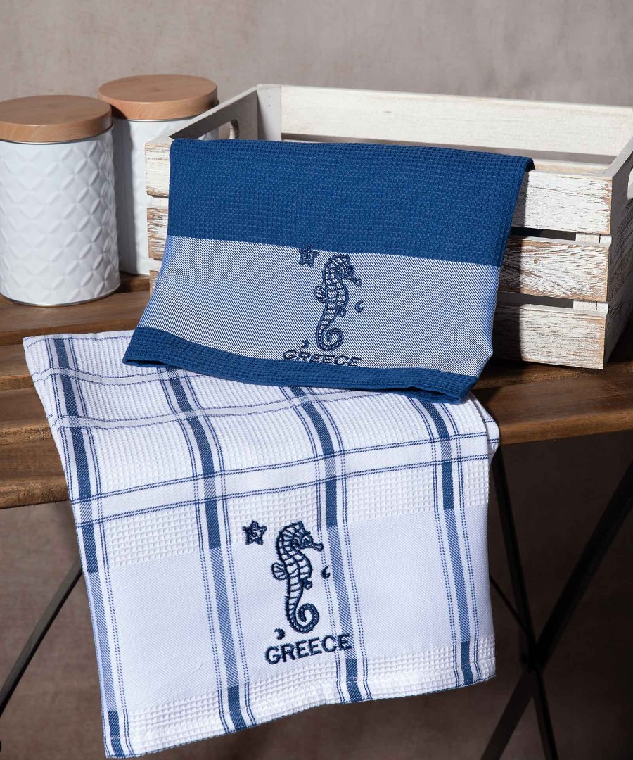 greece-ippokampos-mple Σετ 2 τεμαχίων ποτηρόπανα (50cm x 70cm) μπλέ ιππόκαμπος GREECE SilkFashion - Image 1