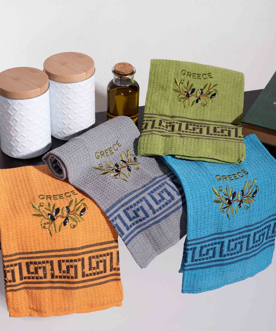 greece-kladi Σετ 12 τεμαχίων ποτηρόπανα (45cm x 65cm) κλαδί ελιάς χρωματιστό GREECE SilkFashion - Image 1