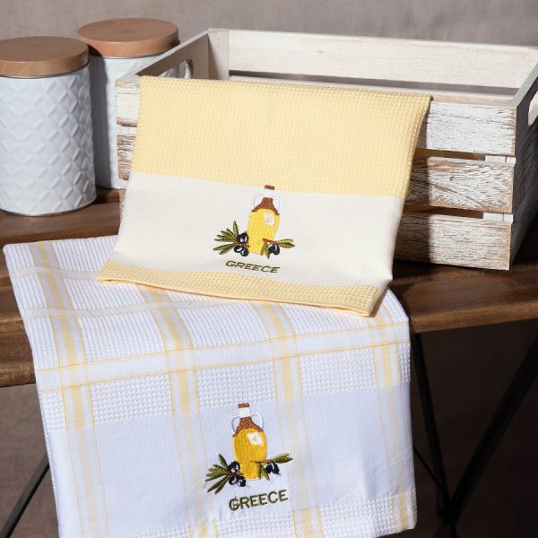 Σετ 2 τεμαχίων ποτηρόπανα (50cm x 70cm) μπουκάλι κίτρινο GREECE SilkFashion