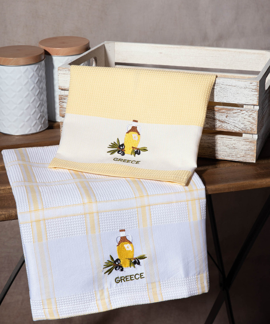 greece-mpotilia-kitrino Σετ 2 τεμαχίων ποτηρόπανα (50cm x 70cm) μπουκάλι κίτρινο GREECE SilkFashion - Image 1