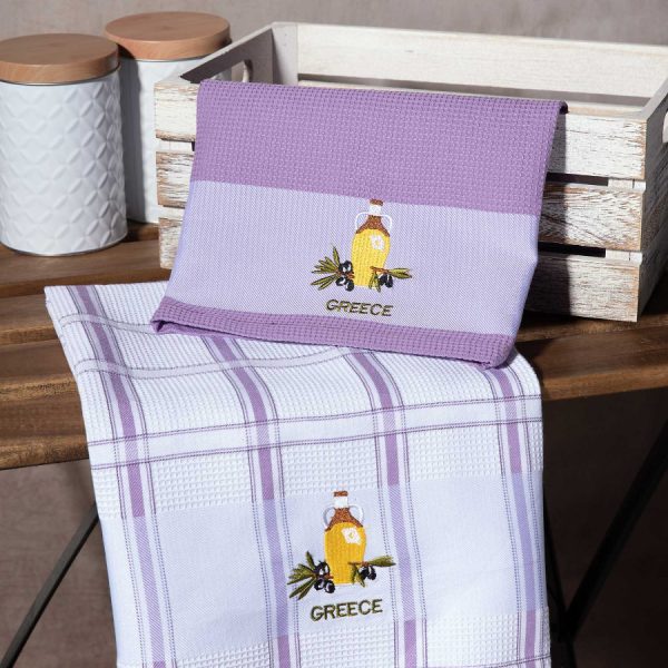 Σετ 2 τεμαχίων ποτηρόπανα (50cm x 70cm) μπουκάλι λιλά GREECE SilkFashion
