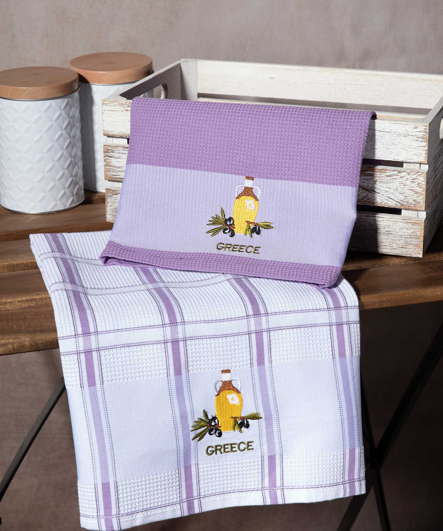 greece-mpotilia-lila Σετ 2 τεμαχίων ποτηρόπανα (50cm x 70cm) μπουκάλι λιλά GREECE SilkFashion - Image 1
