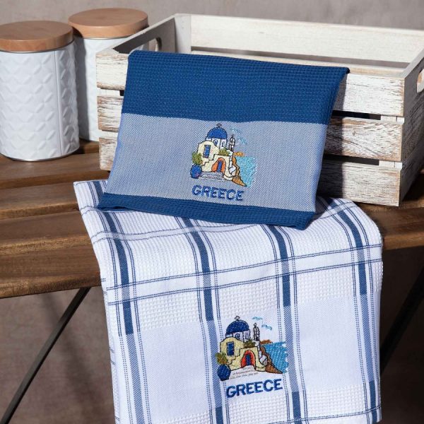 Σετ 2 τεμαχίων ποτηρόπανα (50cm x 70cm) μπλέ εκκλησία GREECE SilkFashion