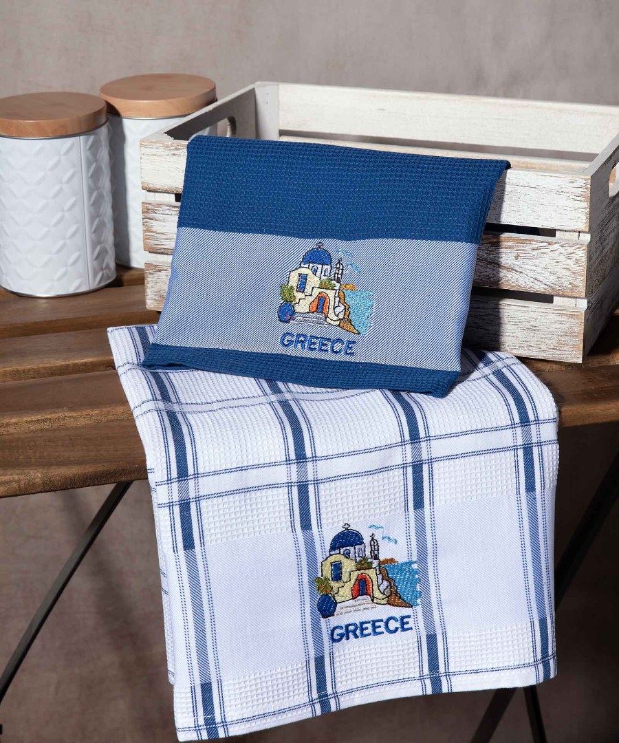 greece-naos-mple Σετ 2 τεμαχίων ποτηρόπανα (50cm x 70cm) μπλέ εκκλησία GREECE SilkFashion - Image 1