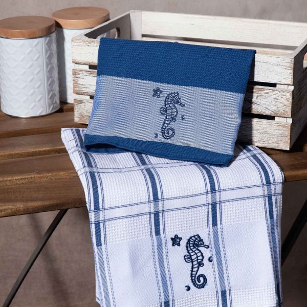 Σετ 2 τεμαχίων ποτηρόπανα (50cm x 70cm) ιππόκαμπος μπλέ SilkFashion