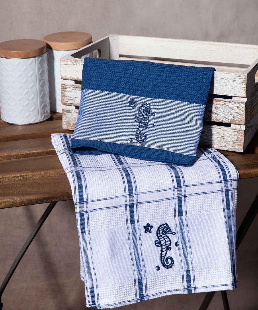 ippokampos-mple Σετ 2 τεμαχίων ποτηρόπανα (50cm x 70cm) ιππόκαμπος μπλέ SilkFashion - Image 1