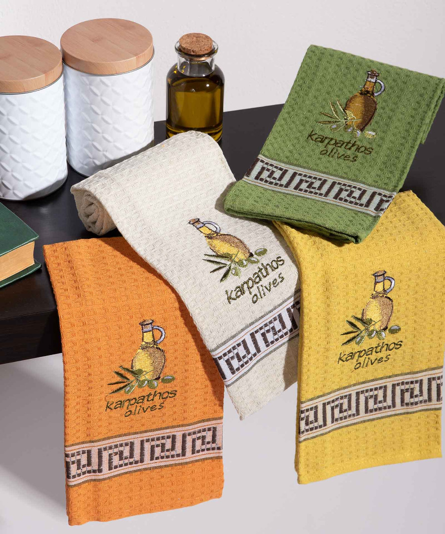 karpathos-mpotilia Σετ 12 τεμαχίων ποτηρόπανα (45cm x 65cm) μπουκάλι λάδι KARPATHOS SilkFashion - Image 1