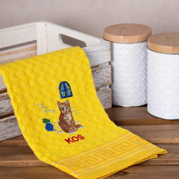 Σετ 12 τεμαχίων ποτηρόπανα γκοφρέ (50cm x 70cm) κίτρινο γάτα KOS SilkFashion