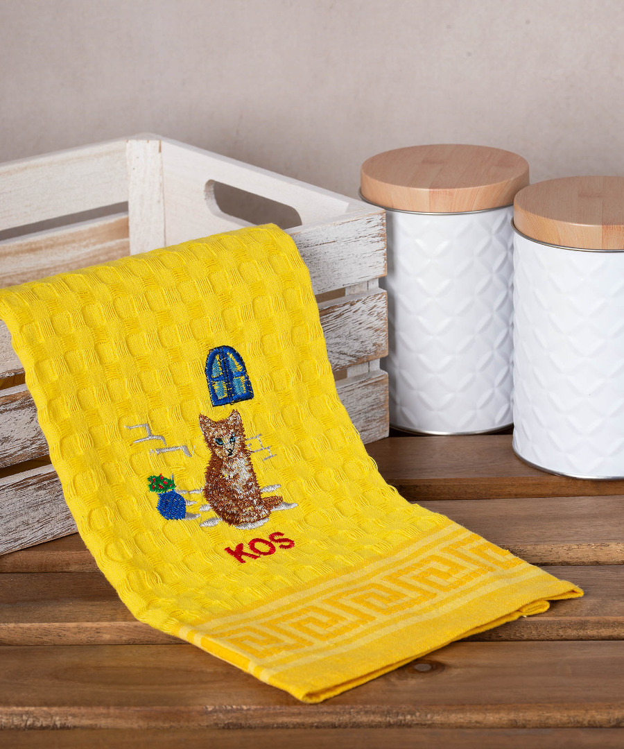 kos-gata-kitrino Σετ 12 τεμαχίων ποτηρόπανα γκοφρέ (50cm x 70cm) κίτρινο γάτα KOS SilkFashion - Image 1
