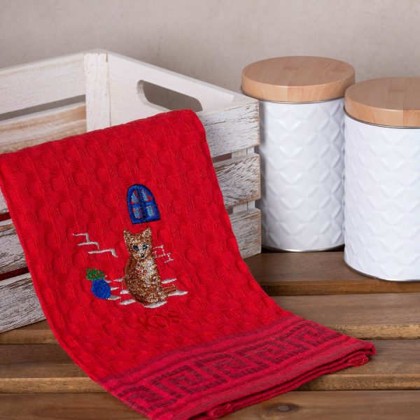 Σετ 12 τεμαχίων ποτηρόπανα γκοφρέ (50cm x 70cm) κόκκινο γάτα KOS SilkFashion