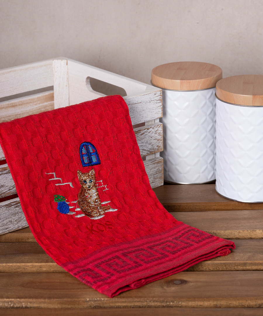 kos-gata-kokkino Σετ 12 τεμαχίων ποτηρόπανα γκοφρέ (50cm x 70cm) κόκκινο γάτα KOS SilkFashion - Image 1