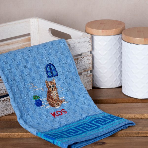 Σετ 12 τεμαχίων ποτηρόπανα γκοφρέ (50cm x 70cm) μπλέ γάτα KOS SilkFashion