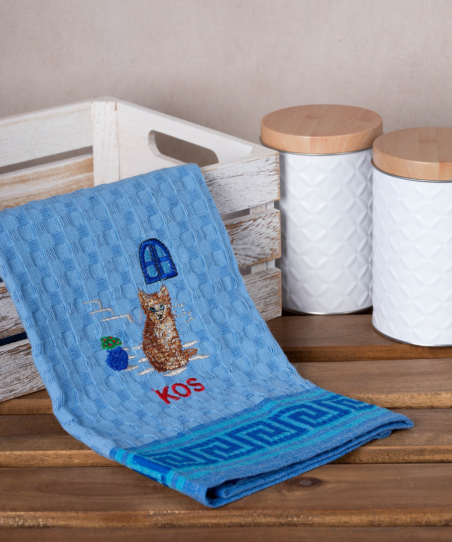 kos-gata-mple Σετ 12 τεμαχίων ποτηρόπανα γκοφρέ (50cm x 70cm) μπλέ γάτα KOS SilkFashion - Image 1