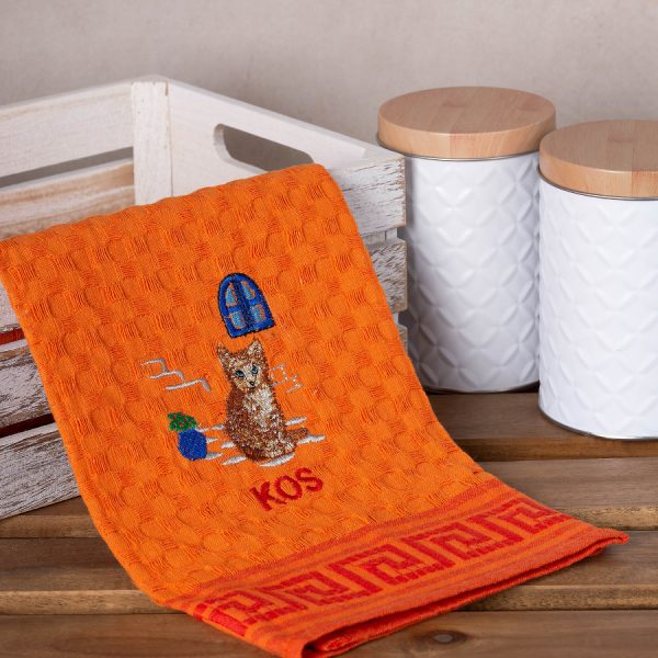 Σετ 12 τεμαχίων ποτηρόπανα γκοφρέ (50cm x 70cm) πορτοκαλί γάτα KOS SilkFashion