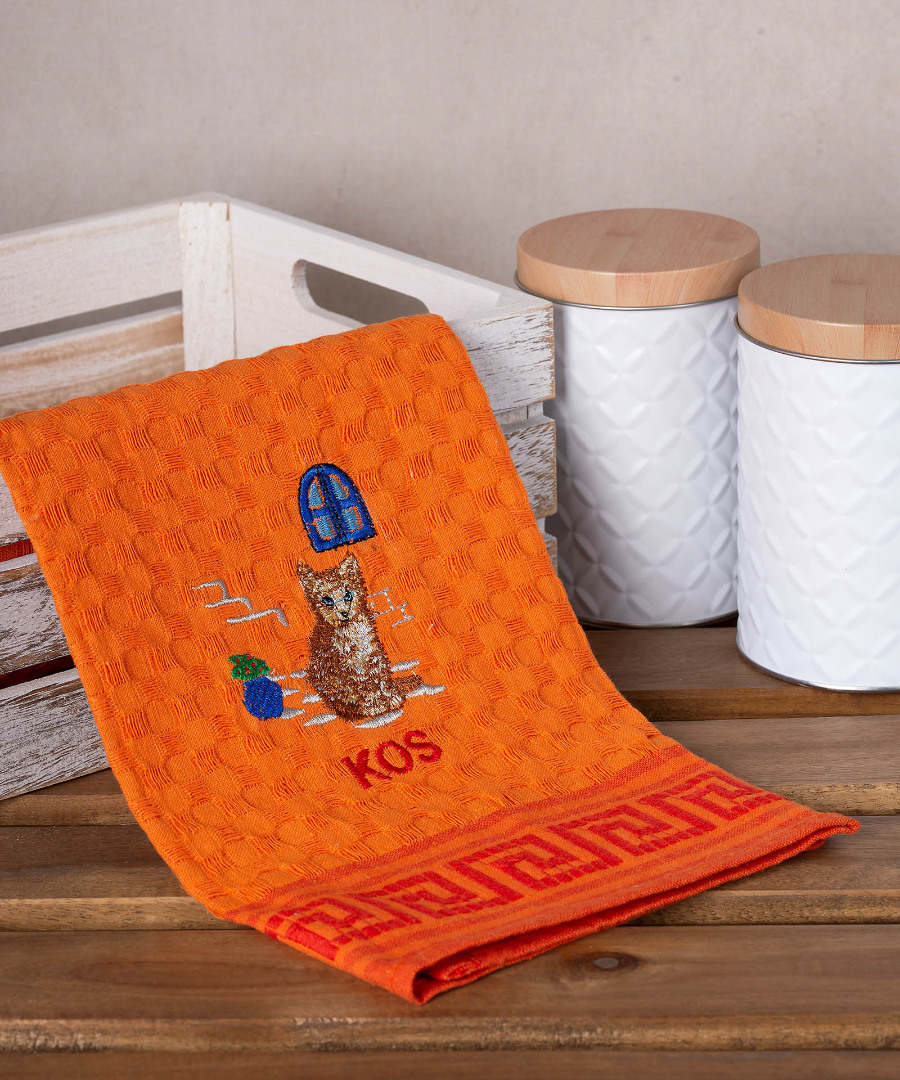 kos-gata-portokali Σετ 12 τεμαχίων ποτηρόπανα γκοφρέ (50cm x 70cm) πορτοκαλί γάτα KOS SilkFashion - Image 1