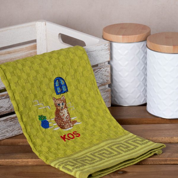 Σετ 12 τεμαχίων ποτηρόπανα γκοφρέ (50cm x 70cm) πράσινο γάτα KOS SilkFashion