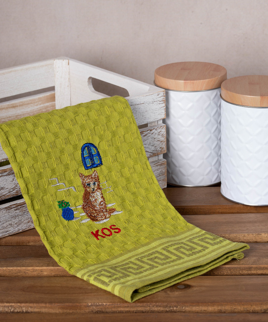 kos-gata-prasino Σετ 12 τεμαχίων ποτηρόπανα γκοφρέ (50cm x 70cm) πράσινο γάτα KOS SilkFashion - Image 1