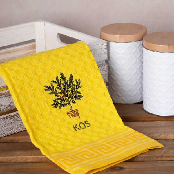 Σετ 12 τεμαχίων ποτηρόπανα γκοφρέ (50cm x 70cm) κίτρινο γλάστρα KOS SilkFashion