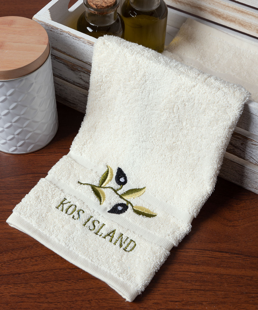 kos-island-ivory Πετσέτα προσώπου (50cm x 100cm) ivory με κλαδί ΚΩΣ SilkFashion - Image 1