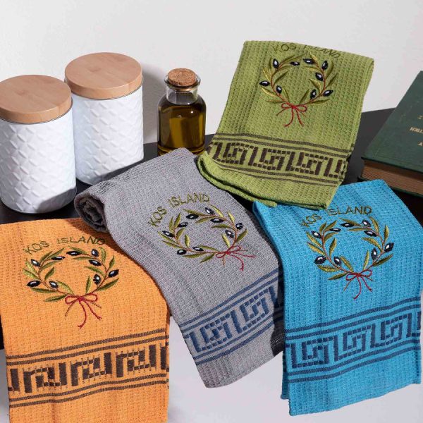 Σετ 12 τεμαχίων ποτηρόπανα (45cm x 65cm) στεφάνι ελιάς χρωματιστό KOS SilkFashion