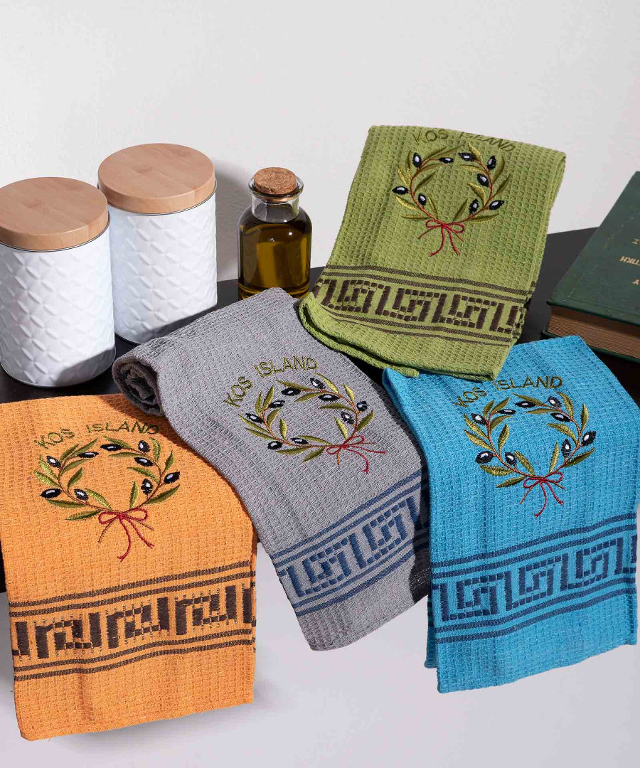 kos-island-stefani Σετ 12 τεμαχίων ποτηρόπανα (45cm x 65cm) στεφάνι ελιάς χρωματιστό KOS SilkFashion - Image 1