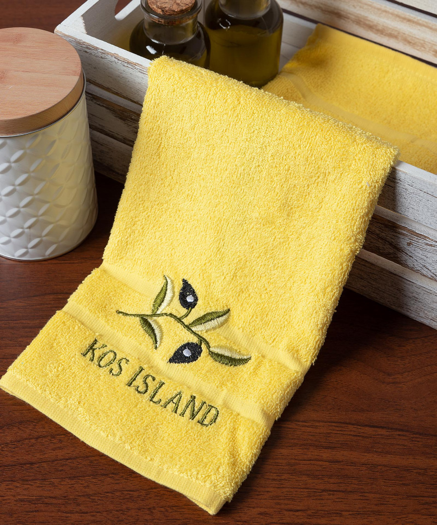 kos-island-yellow Πετσέτα προσώπου (50cm x 100cm) κίτρινο με κλαδί ΚΩΣ SilkFashion - Image 1