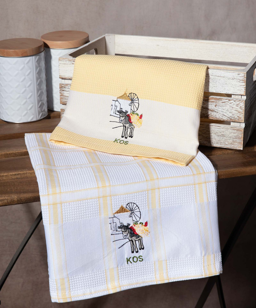 kos-kitrino-anemomylos Σετ 2 τεμαχίων ποτηρόπανα (50cm x 70cm) ανεμόμυλος κίτρινο KOS SilkFashion - Image 1