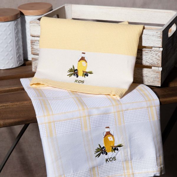 Σετ 2 τεμαχίων ποτηρόπανα (50cm x 70cm) μπουκάλι κίτρινο KOS SilkFashion