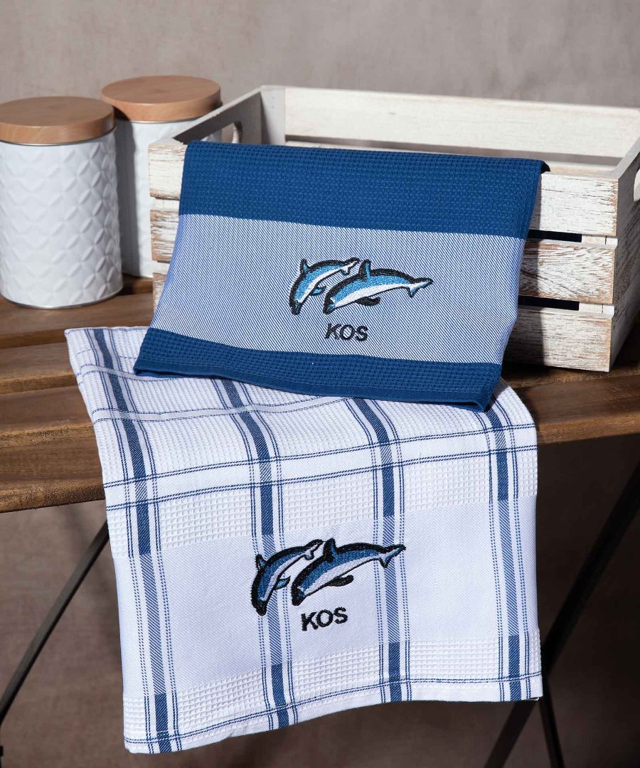 kos-mple-delfini Σετ 2 τεμαχίων ποτηρόπανα (50cm x 70cm) μπλέ δελφίνι KOS SilkFashion - Image 1