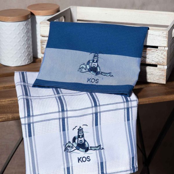 Σετ 2 τεμαχίων ποτηρόπανα (50cm x 70cm) μπλέ φάρος KOS SilkFashion