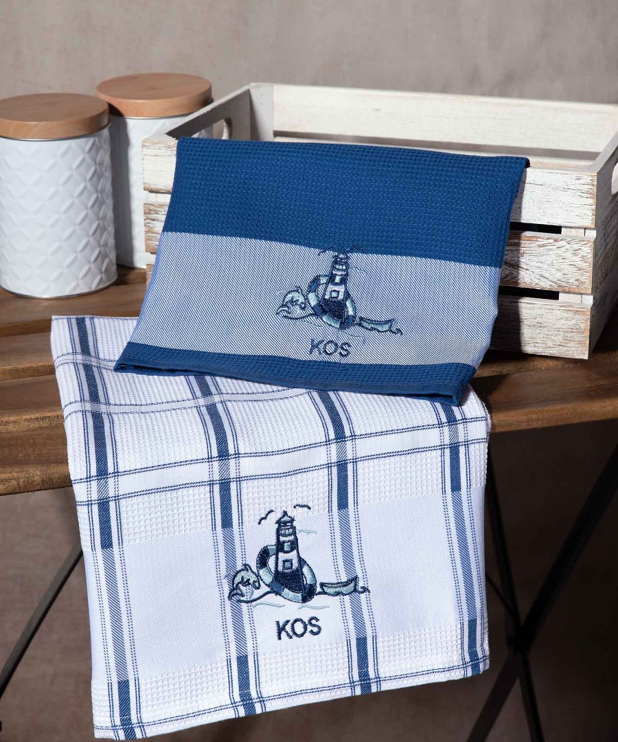 kos-mple-faros Σετ 2 τεμαχίων ποτηρόπανα (50cm x 70cm) μπλέ φάρος KOS SilkFashion - Image 1