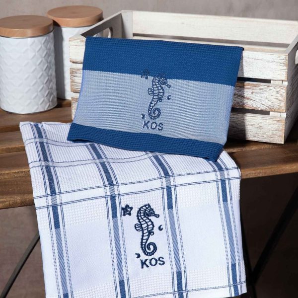 Σετ 2 τεμαχίων ποτηρόπανα (50cm x 70cm) μπλέ ιππόκαμπος KOS SilkFashion