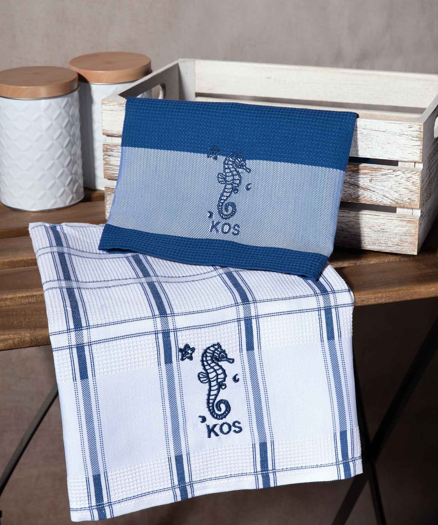 kos-mple-ippokampos Σετ 2 τεμαχίων ποτηρόπανα (50cm x 70cm) μπλέ ιππόκαμπος KOS SilkFashion - Image 1