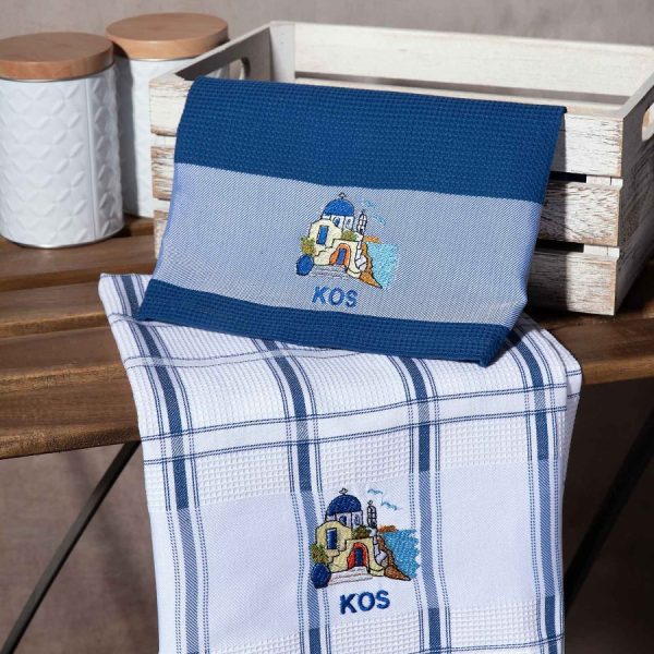 Σετ 2 τεμαχίων ποτηρόπανα (50cm x 70cm) μπλέ εκκλησία KOS SilkFashion