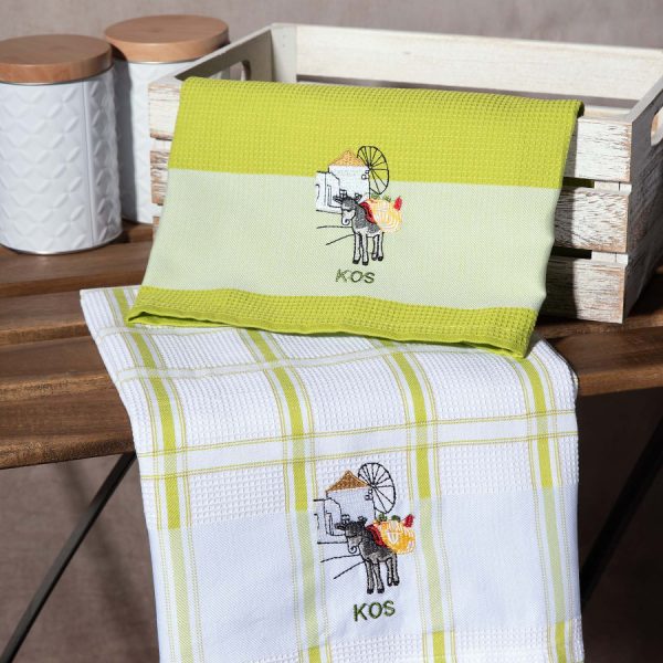 Σετ 2 τεμαχίων ποτηρόπανα (50cm x 70cm) ανεμόμυλος πράσινο KOS SilkFashion