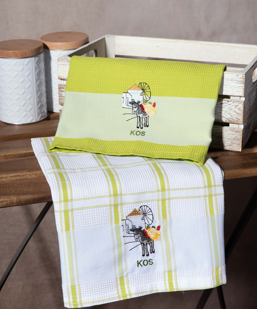 kos-prasino-anemomylos Σετ 2 τεμαχίων ποτηρόπανα (50cm x 70cm) ανεμόμυλος πράσινο KOS SilkFashion - Image 1