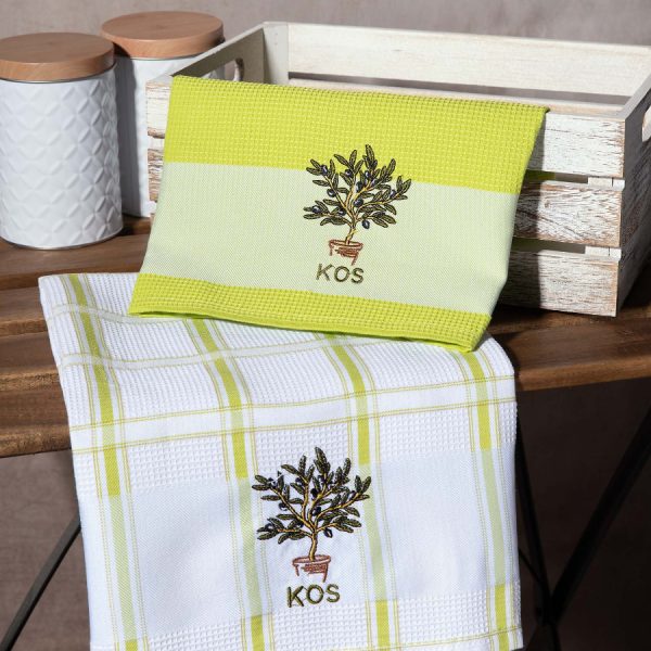 Σετ 2 τεμαχίων ποτηρόπανα (50cm x 70cm) γλάστρα πράσινο KOS SilkFashion