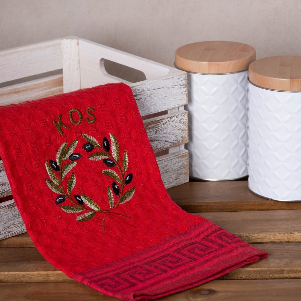 Σετ 12 τεμαχίων ποτηρόπανα γκοφρέ (50cm x 70cm) κόκκινο στεφάνι KOS SilkFashion